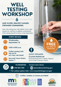 A flyer for a well testing workshop occuring on September 16, 2026 at the Coffee Landing Cafe from 5:00-6:00.